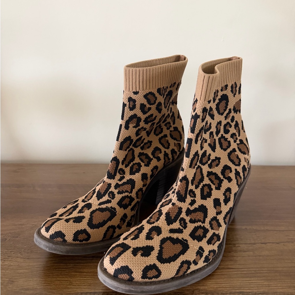 Tan and Black Leopard Heeled Boots